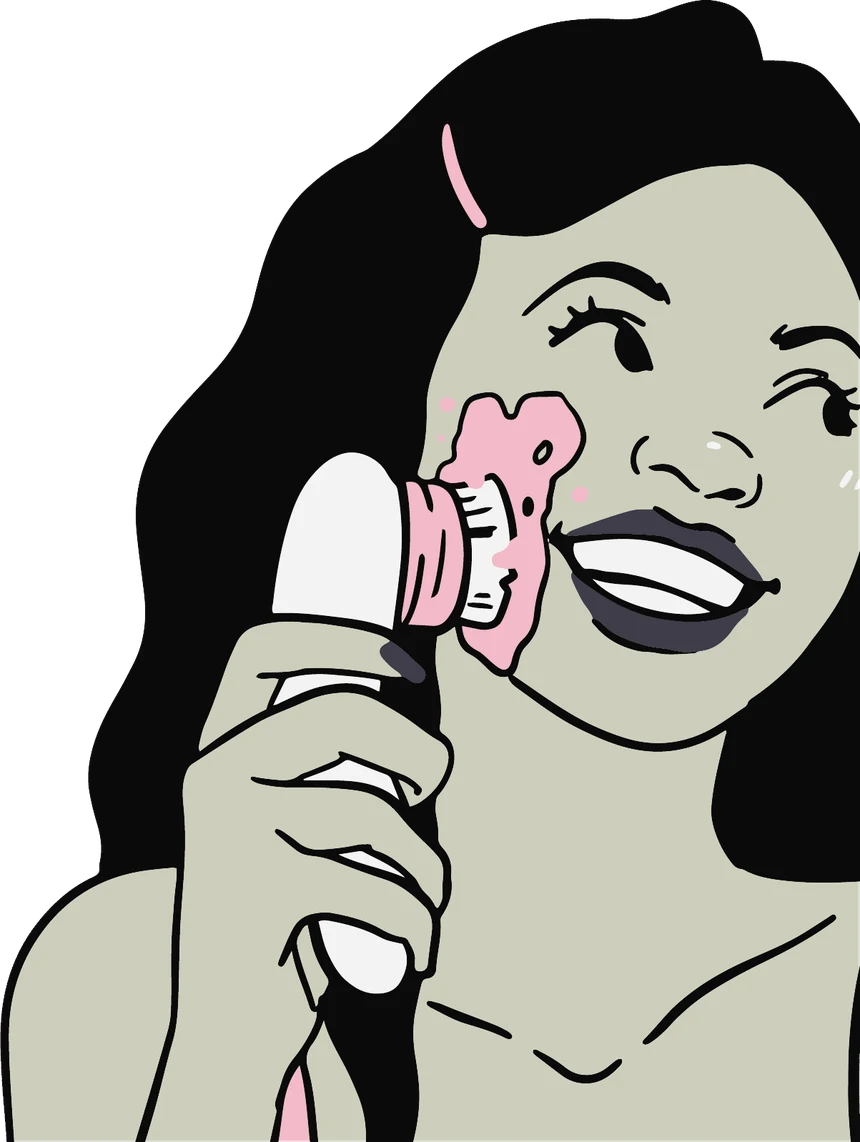 Illustrated woman laughing while using a facial cleansing brush