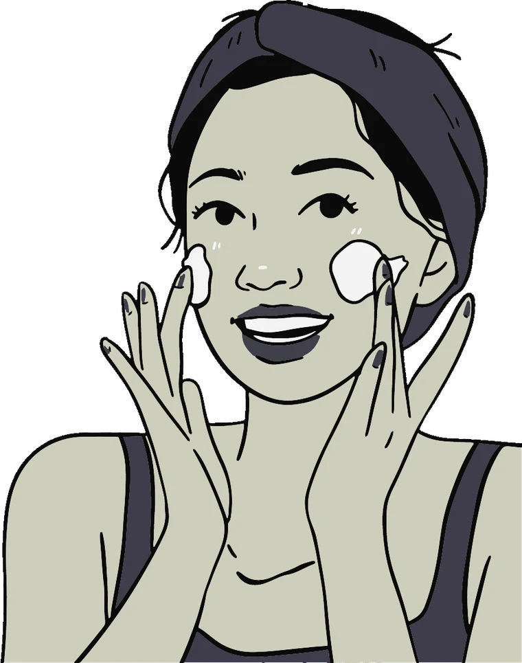 Illustrated woman smiling with skincare cream on her cheeks